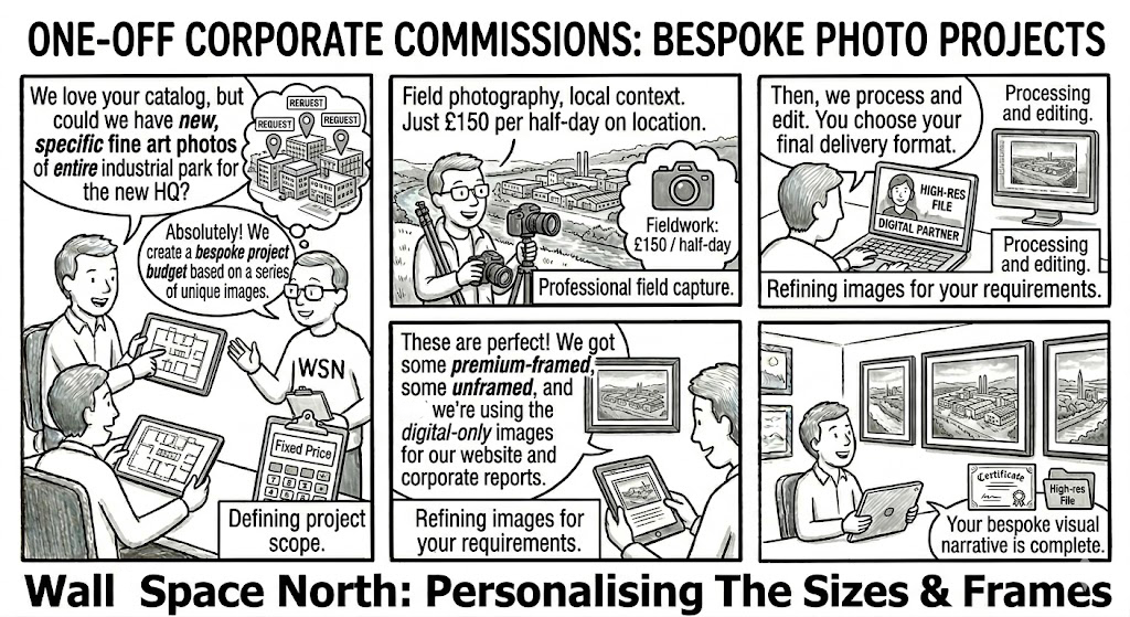 Comic strip illustrating Wall Space North's bespoke corporate photography commission process for North East England businesses — from initial client request, through on-location fine art photography fieldwork, to framed and digital artwork delivery.